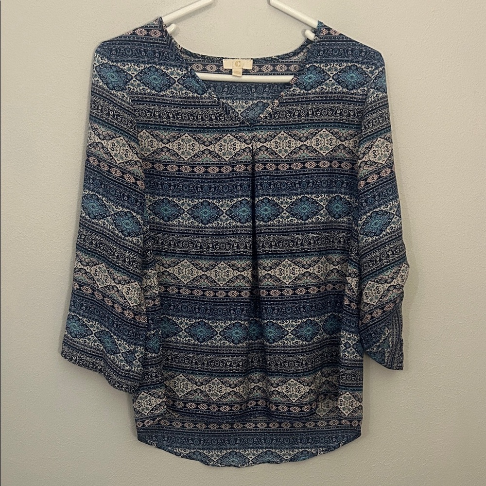 C Blue and White Patterned Blouse